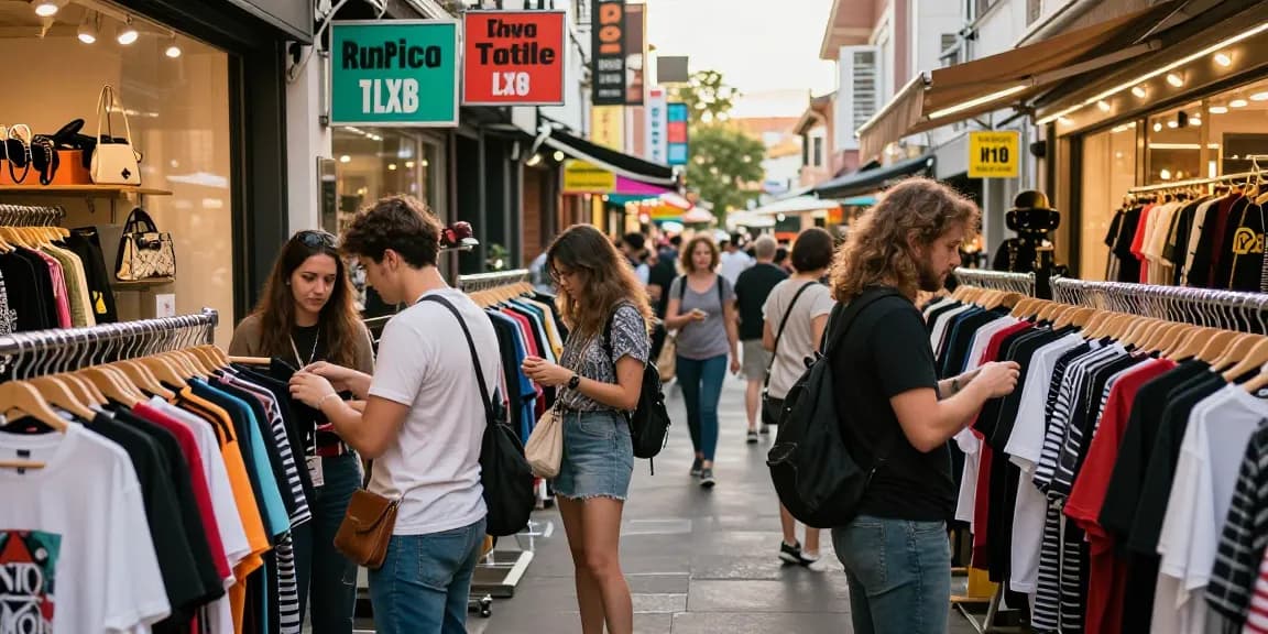 Trendy urban shoppers exploring high-quality 레플리카 사이트 fashion items in a vibrant market.