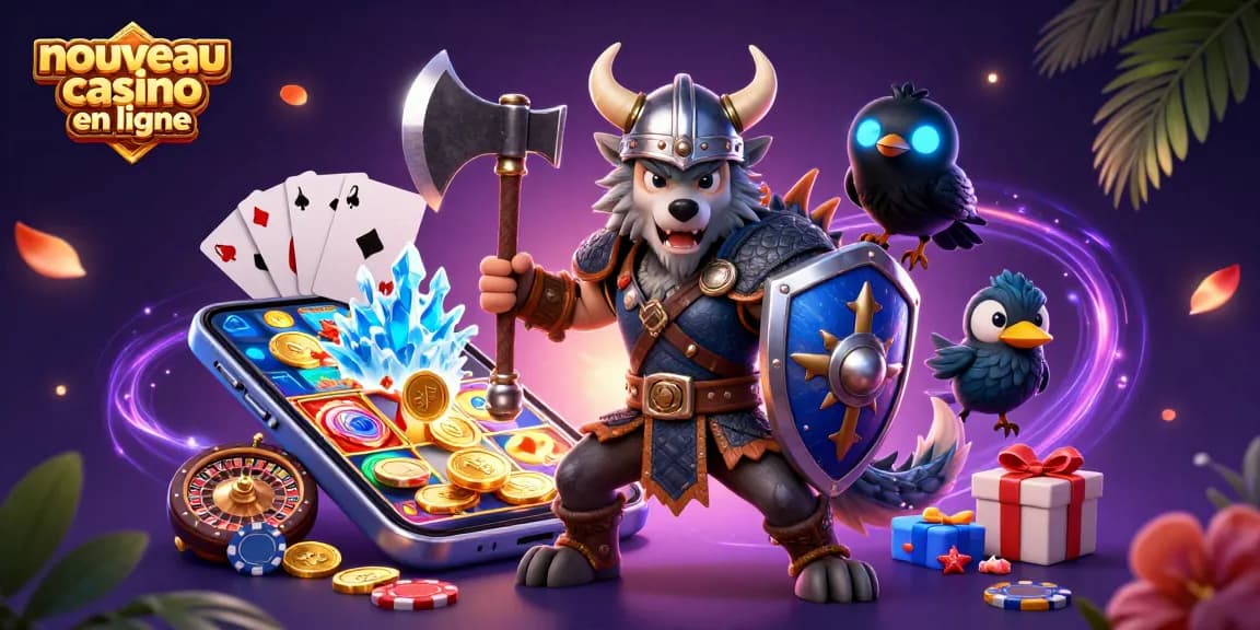 Illustration dynamique d'un nouveau casino en ligne avec un guerrier loup viking et des éléments de jeu animés.
