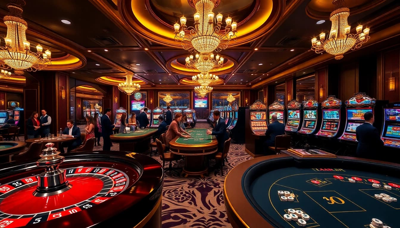 Engaging scene of luxury at Thabet casino, featuring poker, roulette, and slot machines.