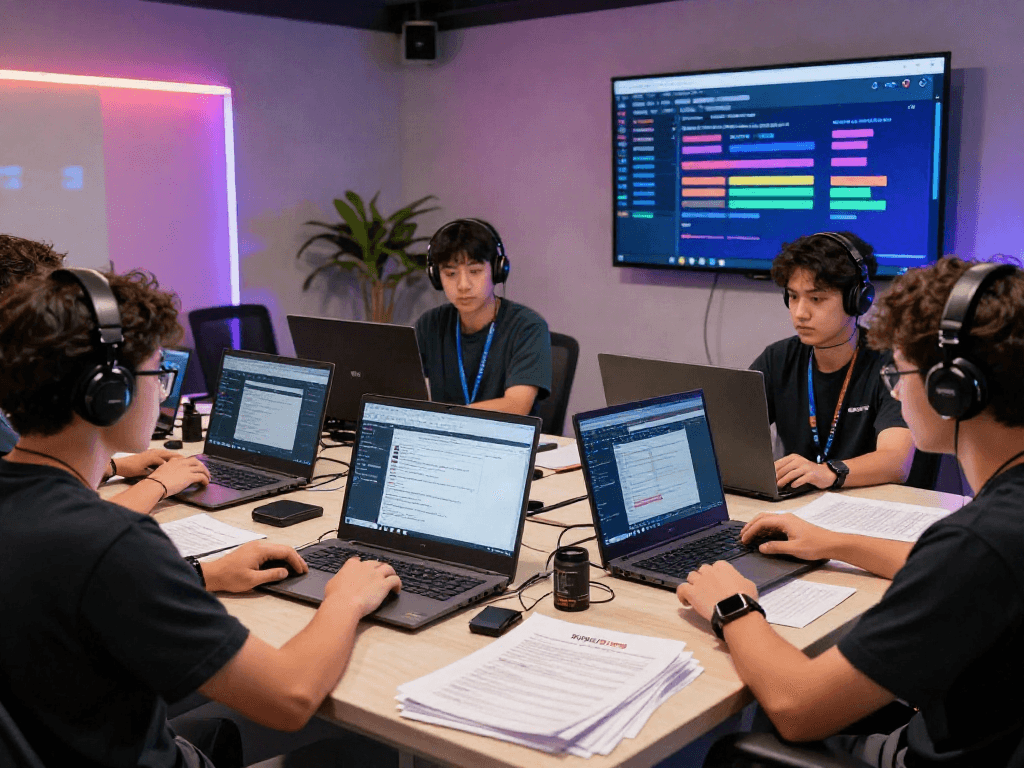 Team discussing 먹튀검증 strategies in a vibrant online gaming verification hub, emphasizing user safety.