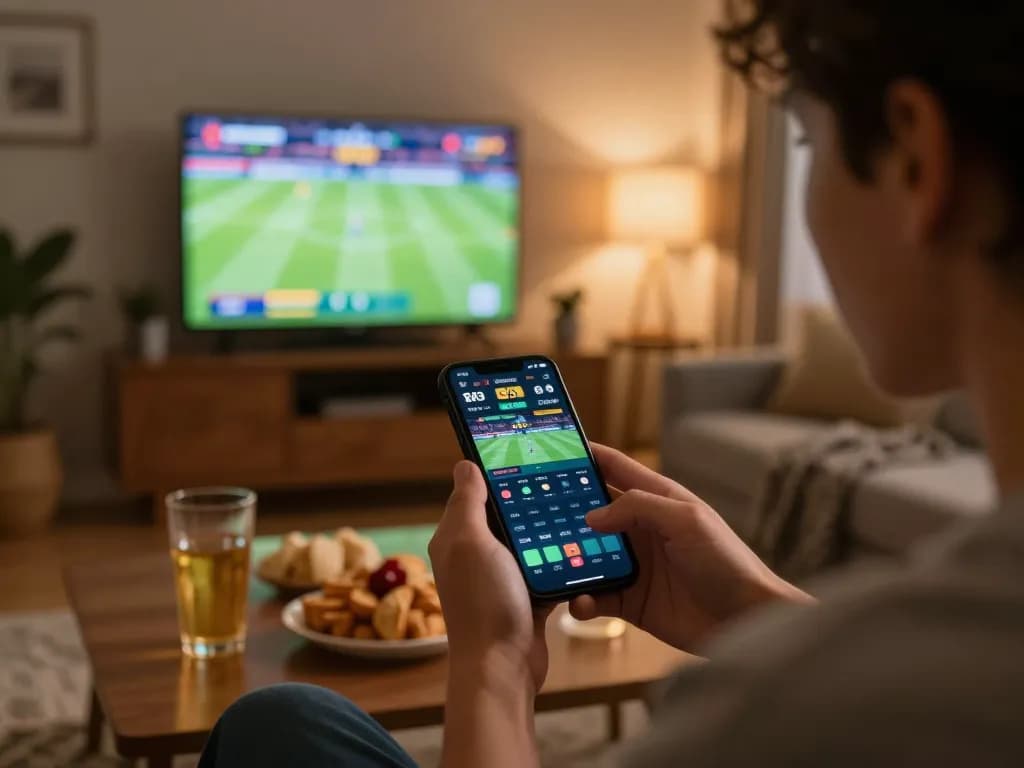 Excited sports betting on keobongda app in a cozy home setting during a live match.