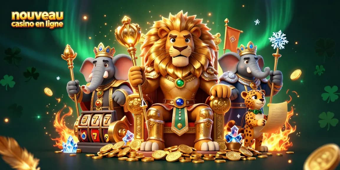 Profitez du paysage d'un nouveau casino en ligne avec un roi lion et des symboles de machines à sous.