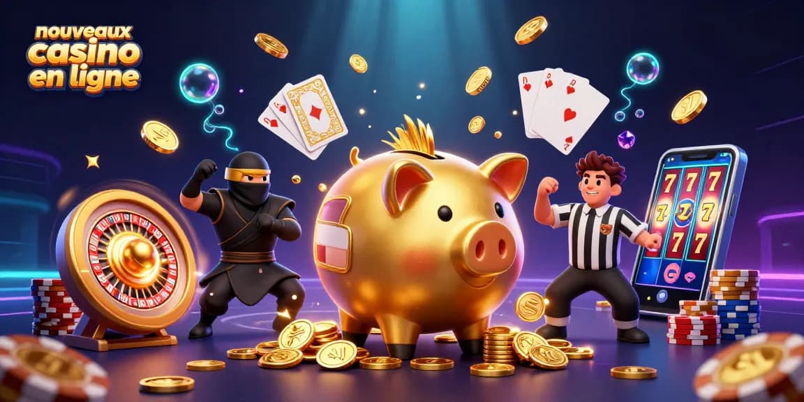 Illustration dynamique des nouveaux casinos en ligne avec un sumo, un ninja, et un arbitre, entourés de pièces et de jetons