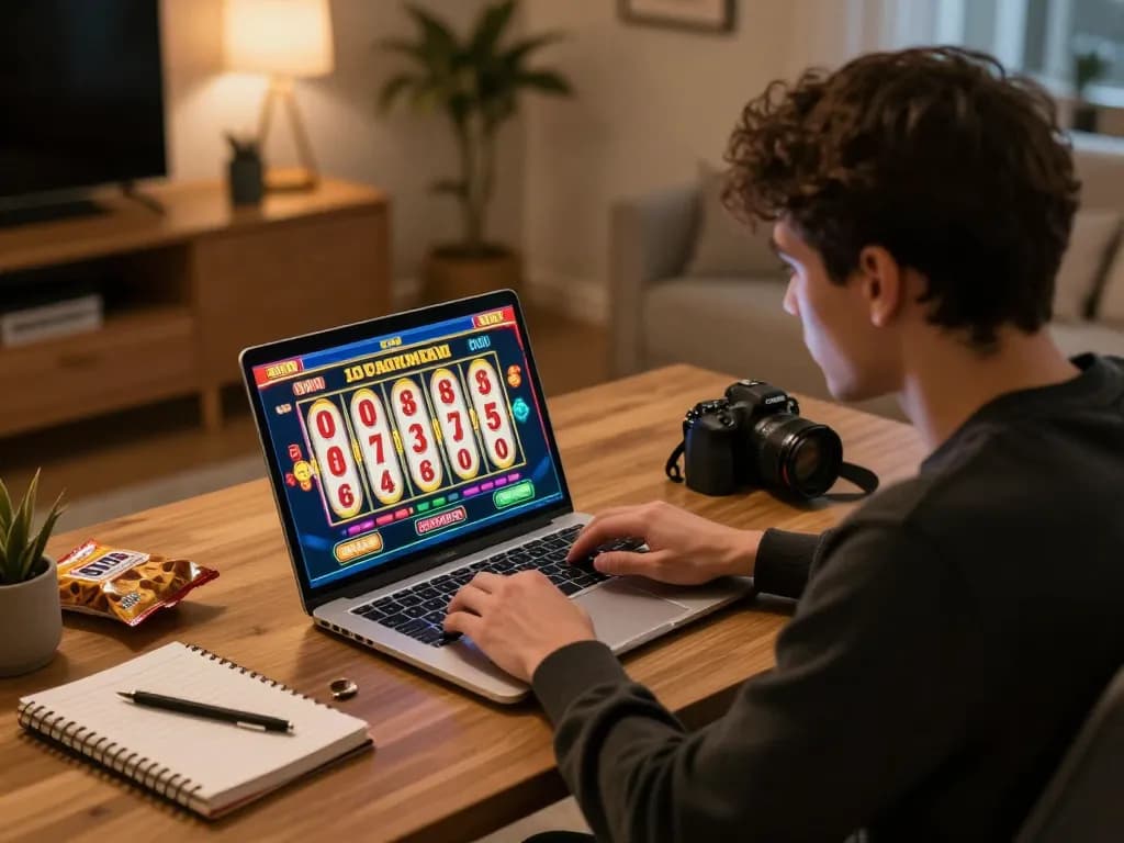 Engaging in slot toto gameplay on a laptop, showcasing an exciting online casino experience.