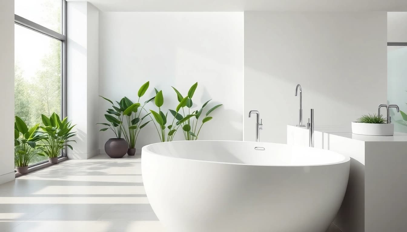 Vasca da bagno moderna in un elegante bagno luminoso, circondata da piante verdi.