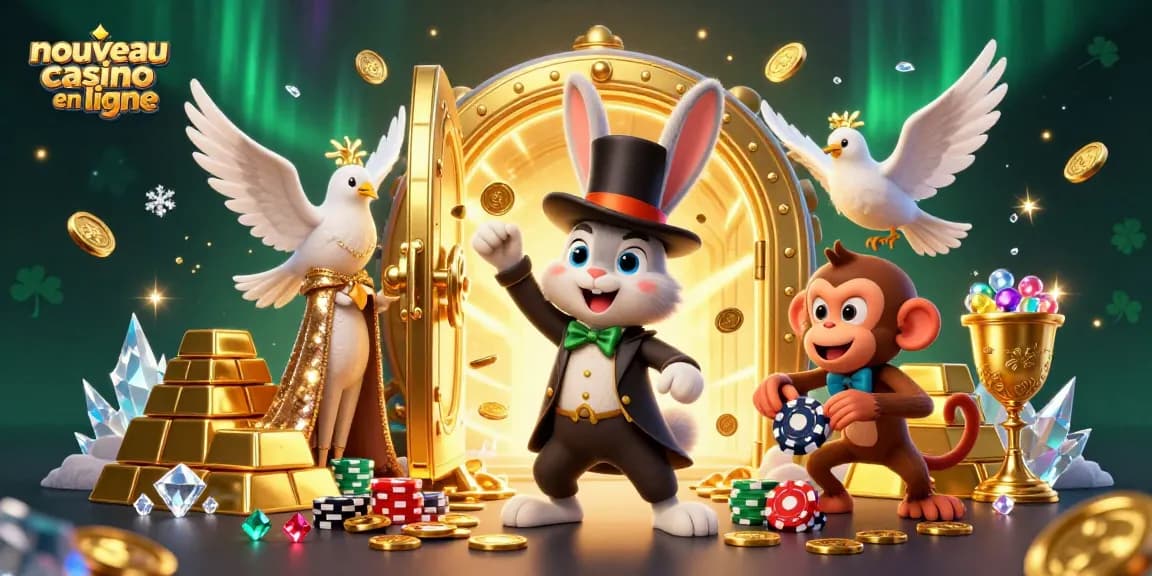 Illustration 3D d'un nouveau casino en ligne avec des personnages de magie et des jetons volants.