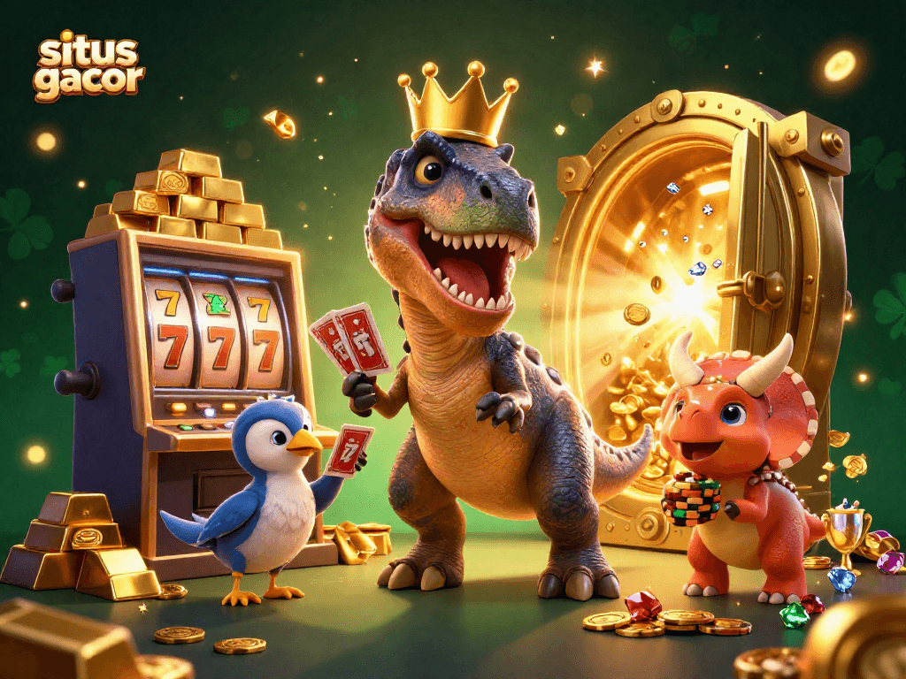 Engage with situs gacor through a vibrant scene featuring T-Rex and vibrant casino elements.