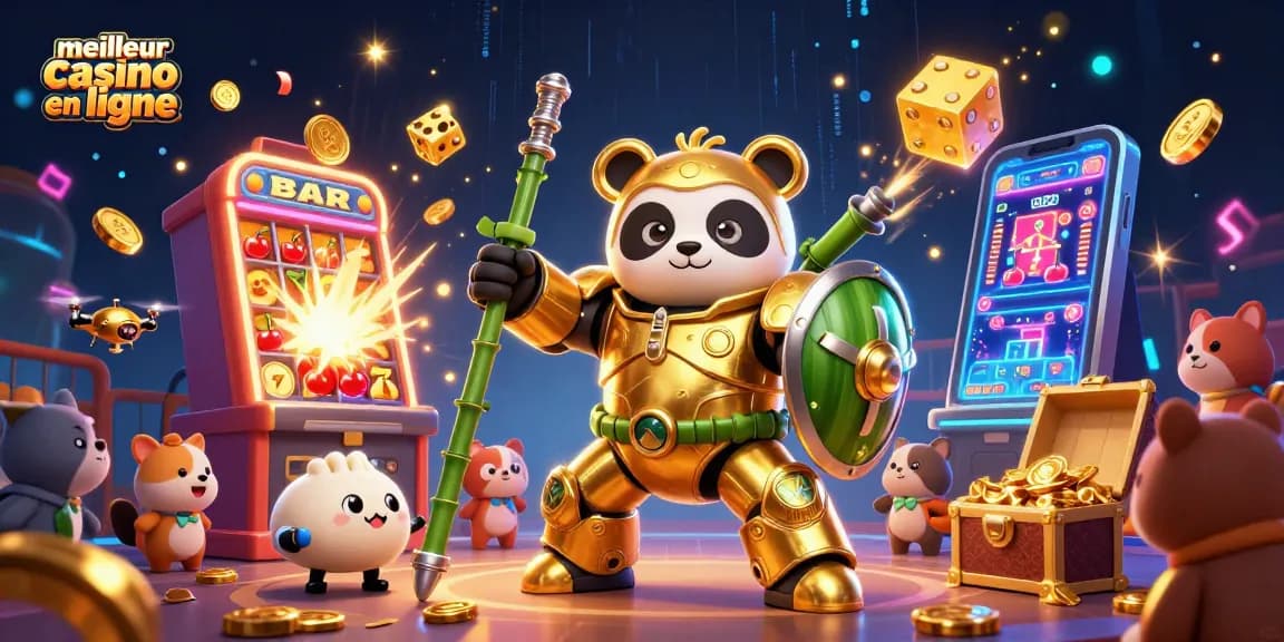 Découvrez le meilleur casino en ligne avec un panda en armure pilotant un robot, entouré de machines à sous et de chance.