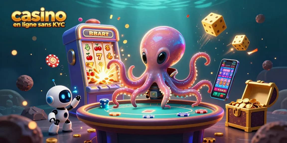 Casino en ligne sans KYC : Un octopus alien jouant au poker avec des jetons orbitants et une machine à sous explosant de pièces.