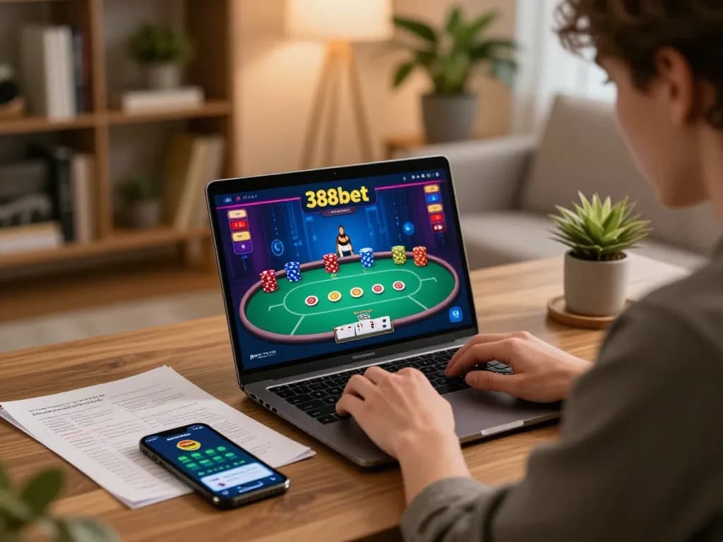 Engaging in strategic online poker at 388bet from a cozy home setup.