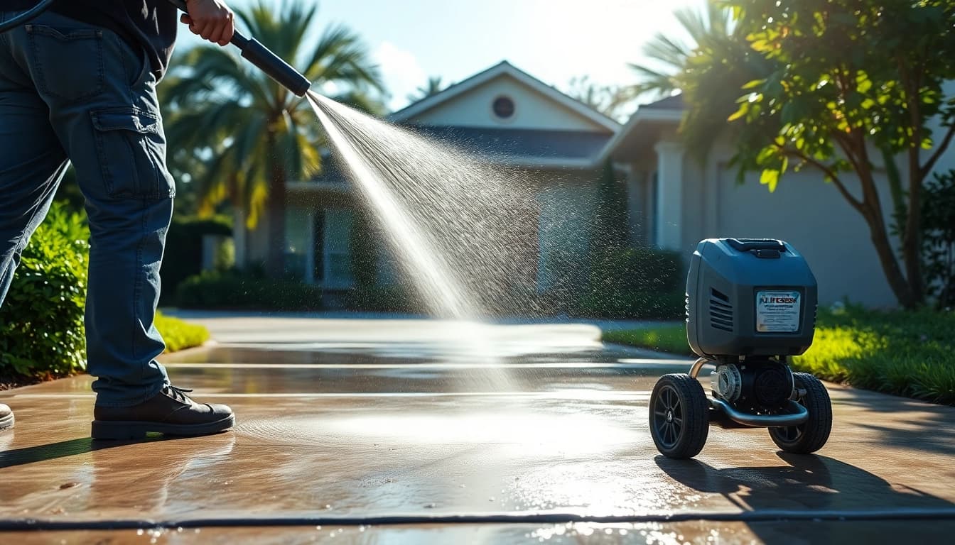 Pressure wash technician cleaning a driveway in Kissimmee, FL, showcasing effective exterior cleaning.