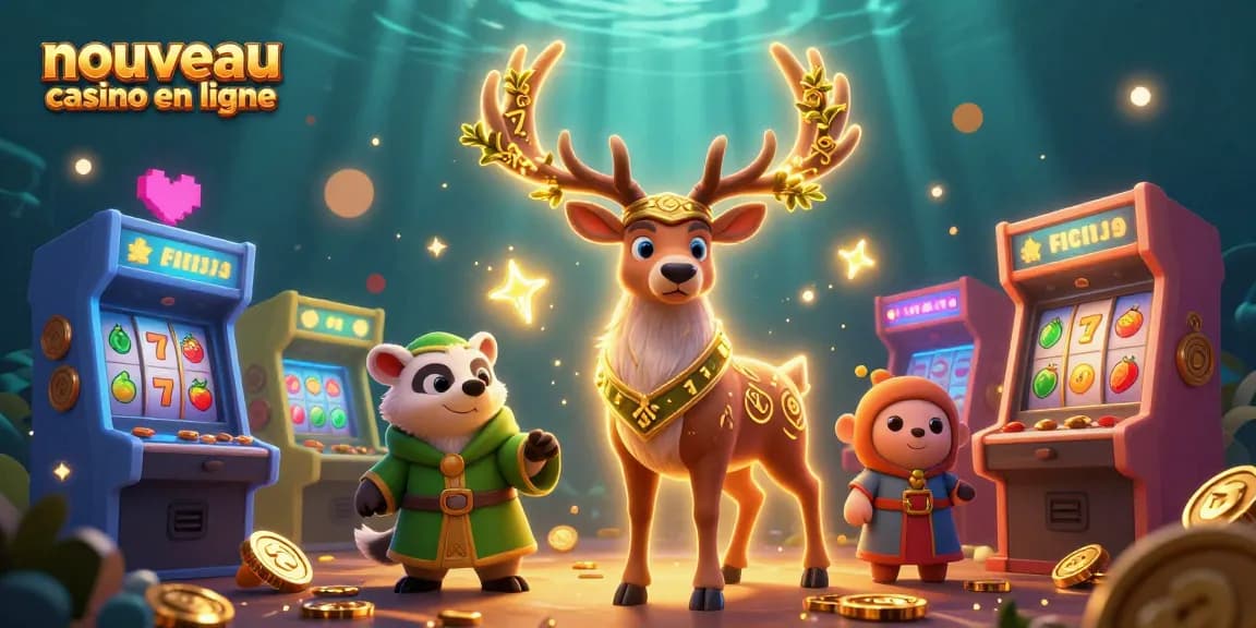 Illustration immersive de nouveau casino en ligne mettant en avant des machines à sous entourées de créatures mystiques.