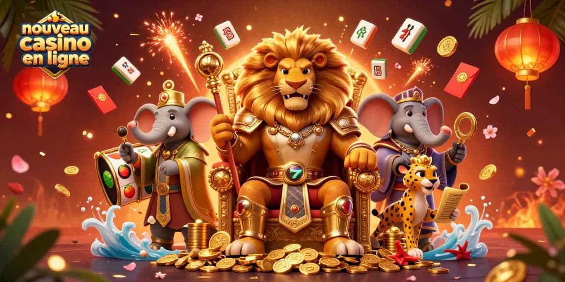 Explorez le nouveau casino en ligne avec ce lion roi en armure parmi des éléments de jeu scintillants.