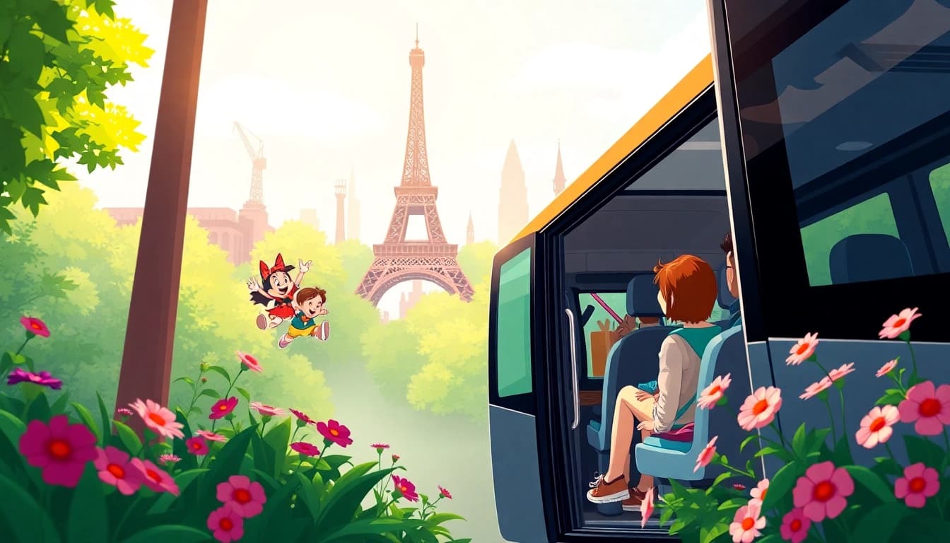Family enjoying Disneyland Paris airport transfer services in a vibrant shuttle bus.