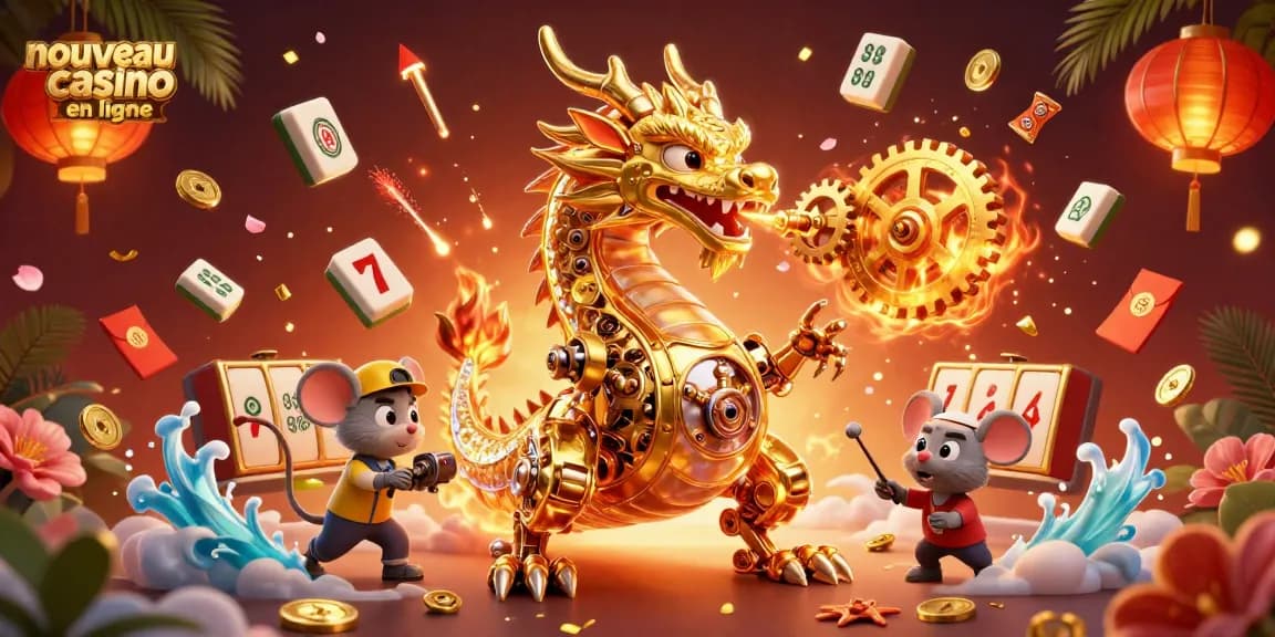 Profitez des jackpots sur le nouveau casino en ligne avec un dragon doré et des éléments festifs.