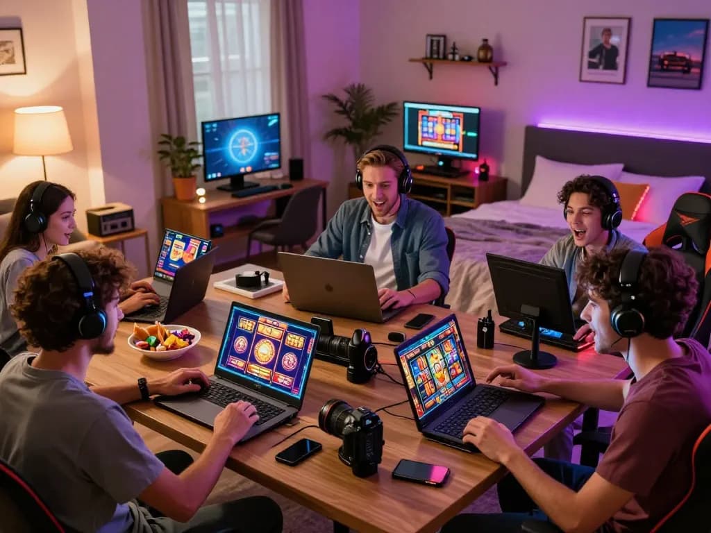 pemain situs slot gacor yang terlibat intens dalam permainan slot online di rumah, menampilkan kegembiraan dan suasana permainan yang hidup.