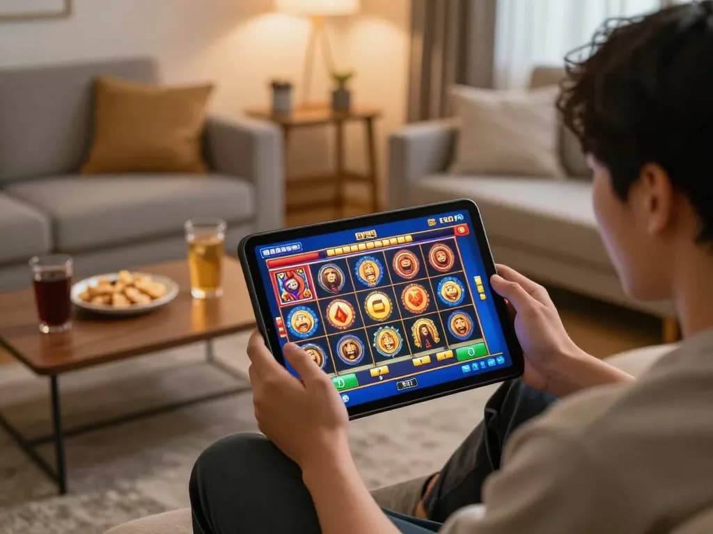 Player enjoying a slot server thailand game on a tablet at home, showcasing excitement and engagement.