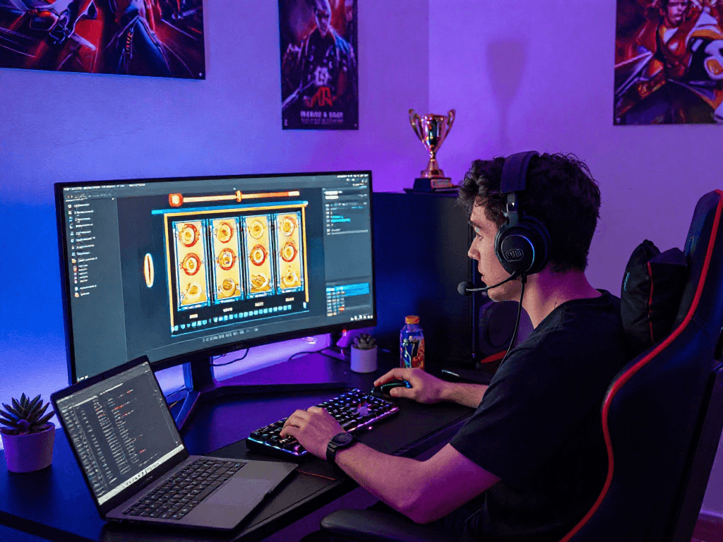Exciting gaming setup featuring kebuntoto on a colorful screen, with intense gamer atmosphere.