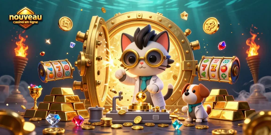 Profitez de l'excitation du nouveau casino en ligne avec Chats et Chiens devant un coffre au trésor brillant.