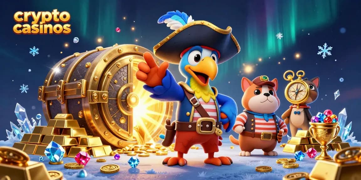 Vivez l'action des crypto casinos avec une illustration dynamique alliant pirates et trésors d'or scintillants.