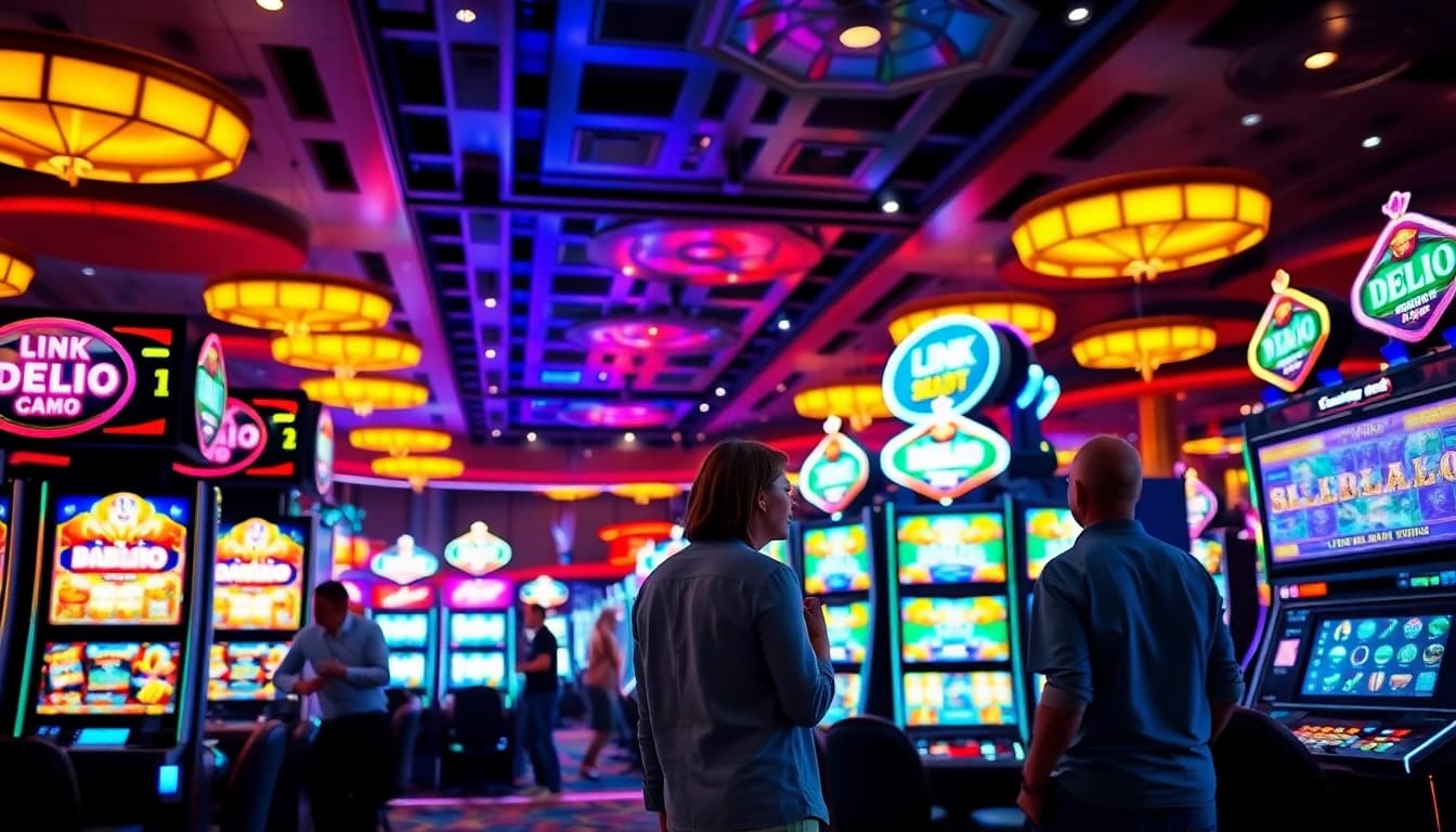 Engaging players at a vibrant link slot demo in a lively casino setting.