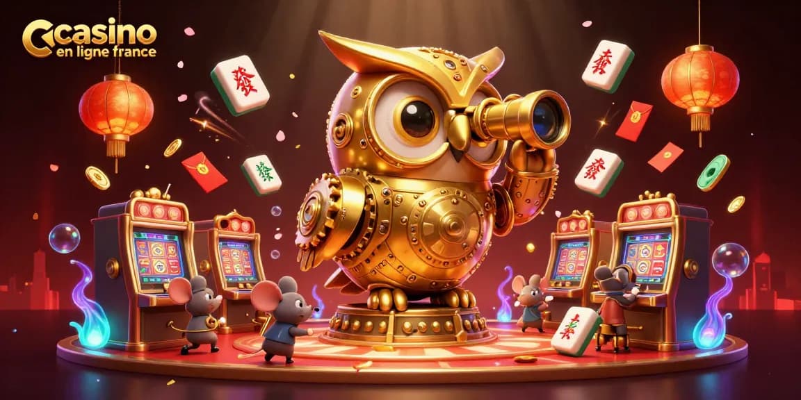 Une illustration 3D vibrante de la chouette dorée sur fond de casino et donc casino en ligne France tout autour d'éléments variés.