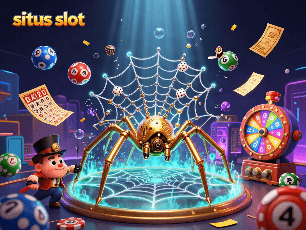 Engage with the vibrant situs slot scene where golden chains and colorful elements create a dynamic casino atmosphere.