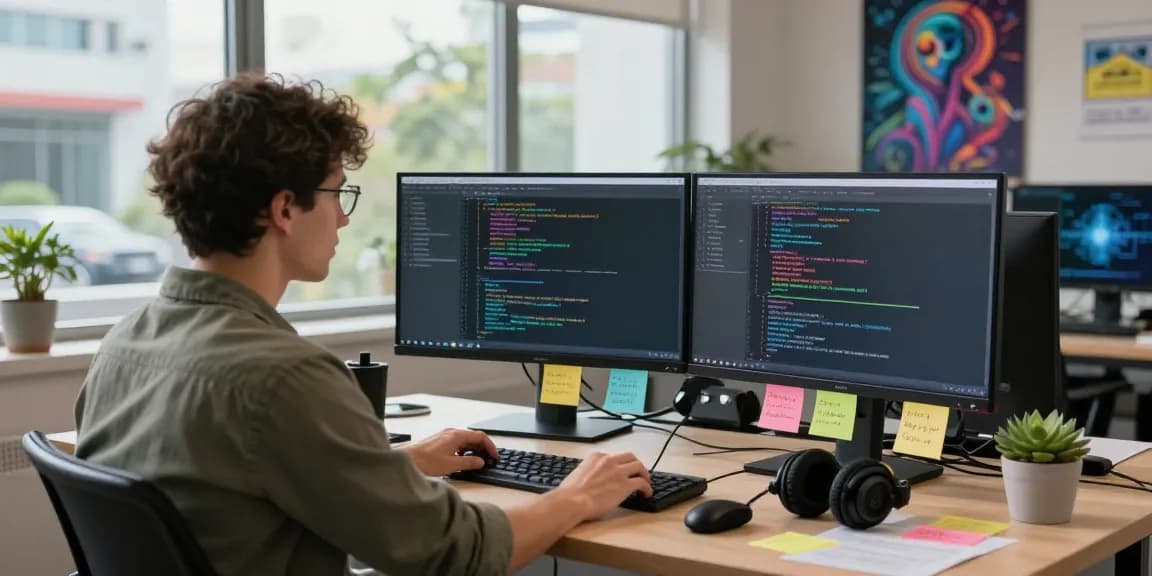Engaging workspace showing a programmer working on ai nsfw content generation with multiple screens and creative elements.