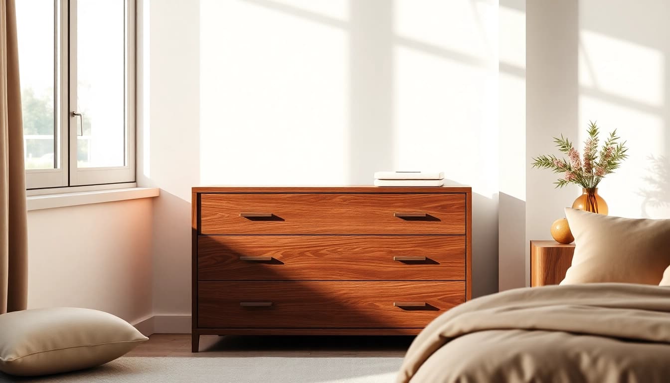 Elegant chest of drawers in a modern bedroom, showcasing craftsmanship and design details.