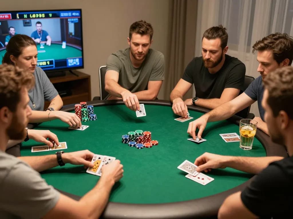 Casual home poker night showing a game in progress while discussing nhacaiuytinn strategies.
