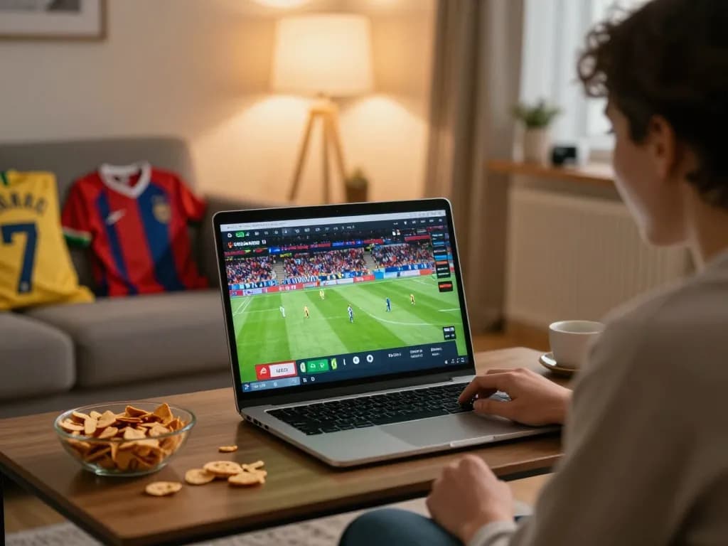Watch live soccer at https://cakhiatv.design/ with vibrant streaming interface in cozy home setting.