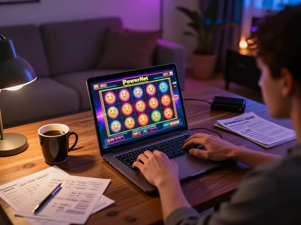 Engaging with PowerNet slot on a laptop in a cozy home gaming setup, colorful graphics on screen