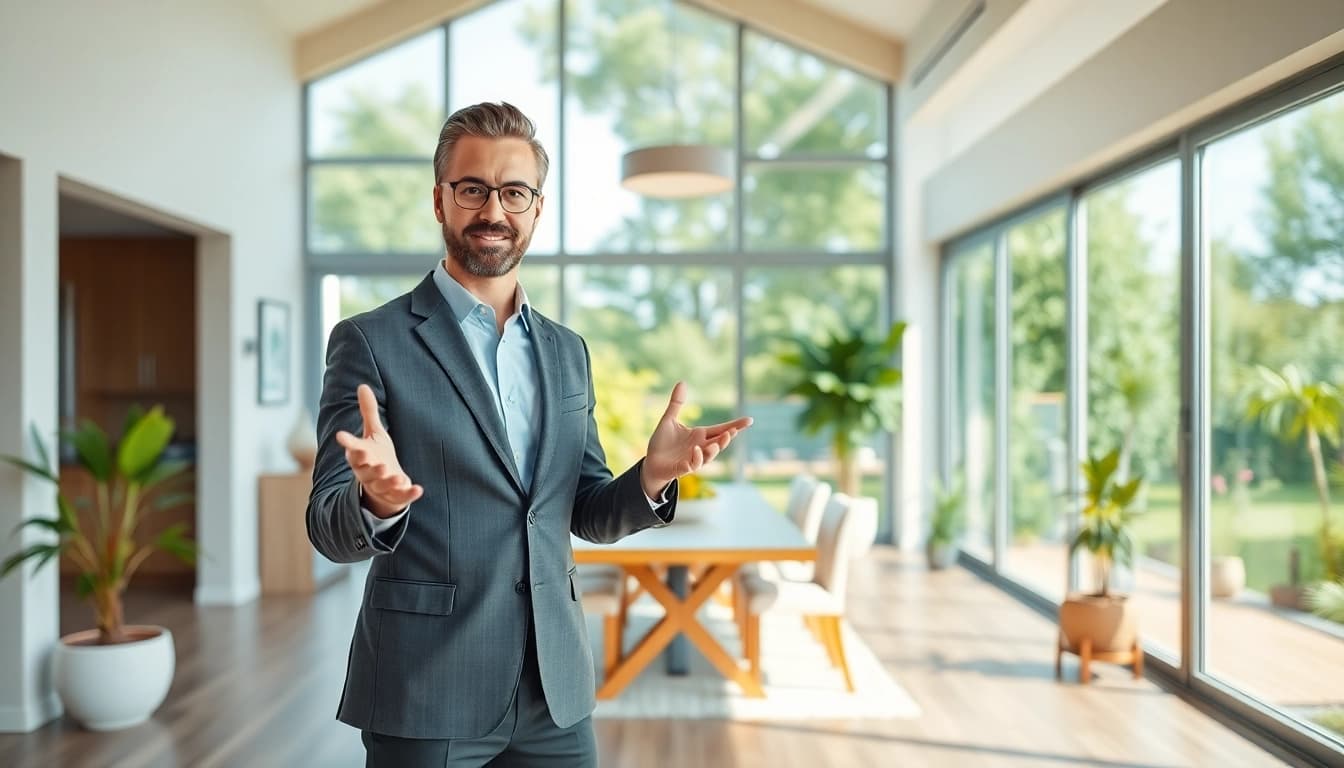 Engaging real estate presentation by a professional agent in a modern home setting.
