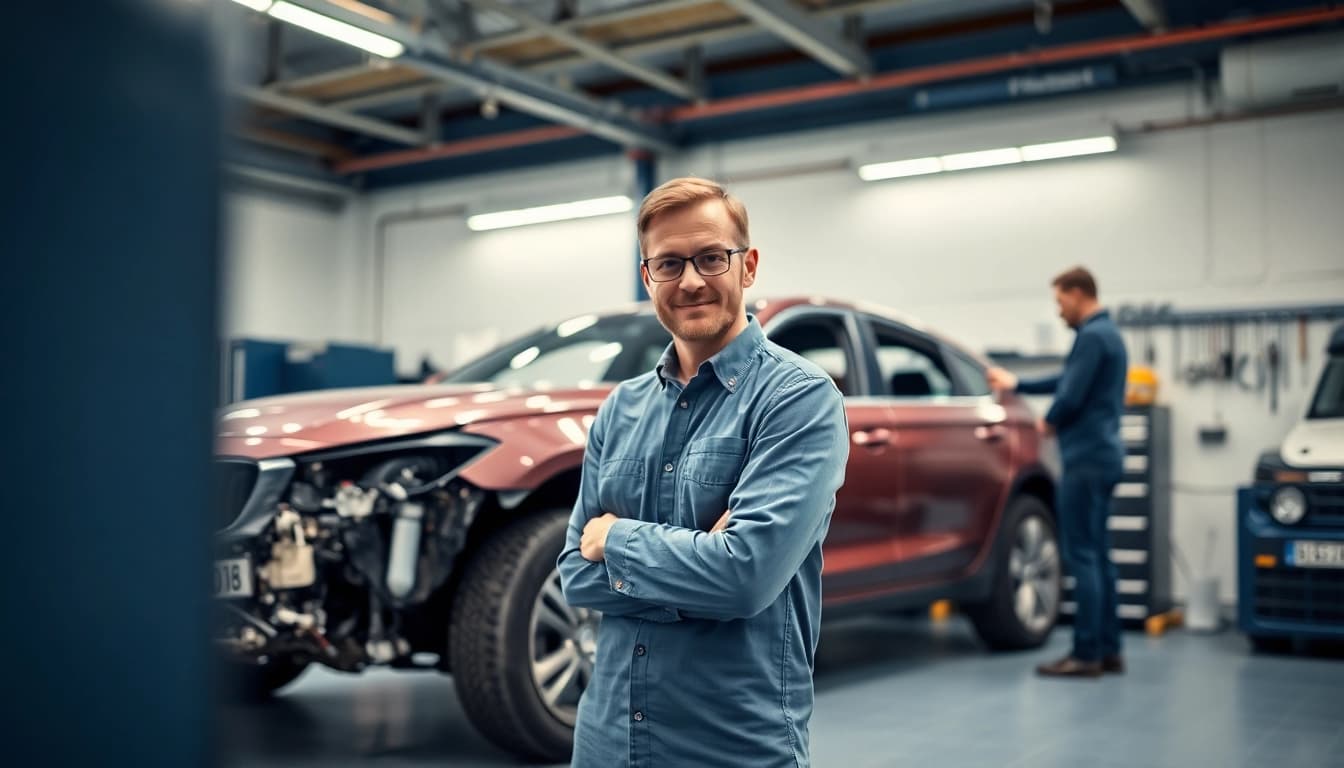 Kfz Sachverständiger Düren prüft ein beschädigtes Fahrzeug in einer Werkstatt mit professionellem Equipment.
