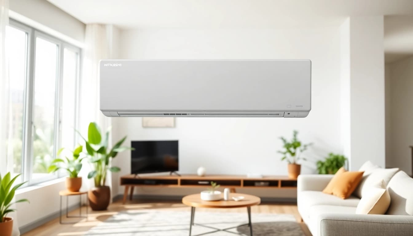 View of a mitsubishi mini split ac unit elegantly installed in a contemporary living room.