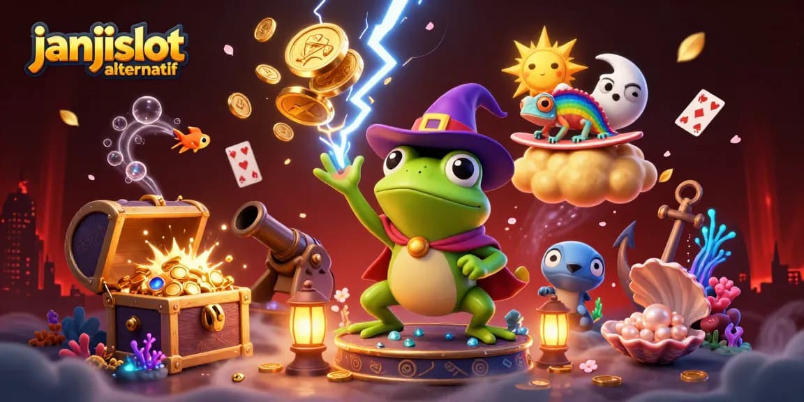 Win big with janjislot alternatif in this vibrant casino scene featuring dynamic characters and golden treasures.