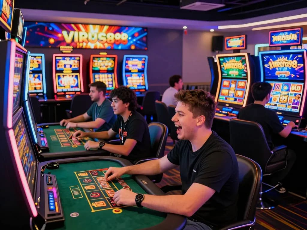Suasana kasino online VIRUS88 yang menarik dengan berbagai pemain merayakan jackpot di ruang permainan yang penuh warna.