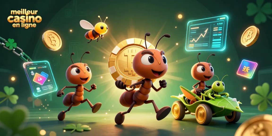Découvrez le meilleur casino en ligne avec une scène dynamique d'une équipe de fourmis en plein vol.
