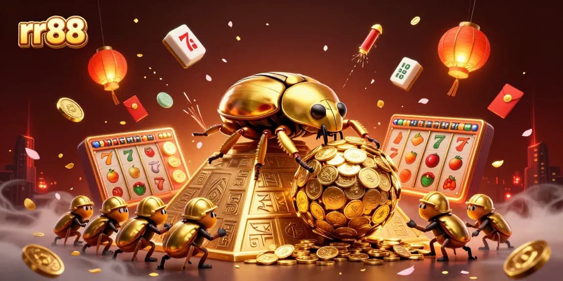 Engage with rr88's vibrant casino world featuring golden beetles rolling coins, lively games, and lavish decorations.