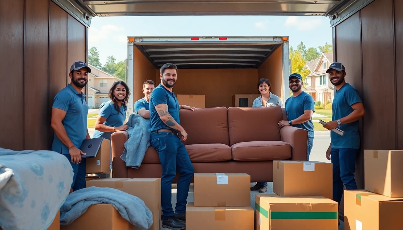 Movers efficiently loading furniture into a truck in a suburban neighborhood.