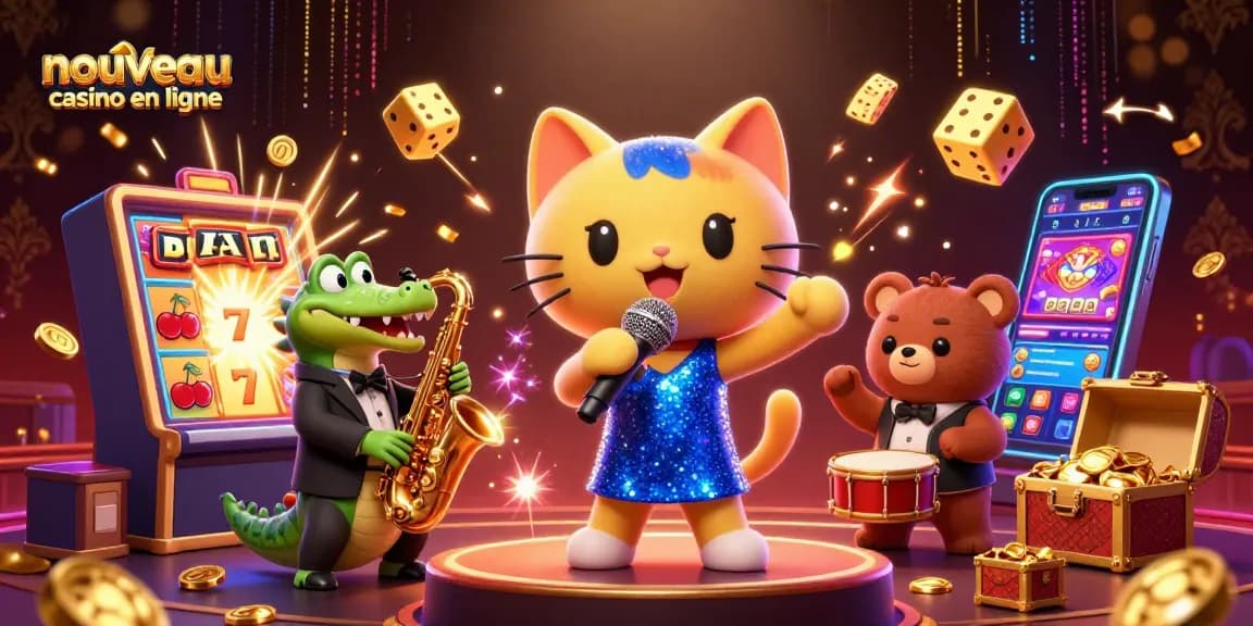 Illustration dynamique d'un nouveau casino en ligne avec un chat chanteur jazz et des éléments de machines à sous.