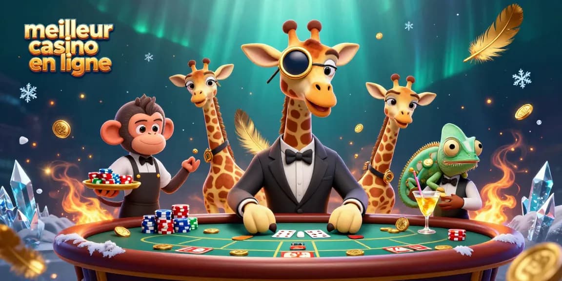 Profitez du meilleur casino en ligne avec notre illustration animée mettant en scène une girafe high-roller et un valet.