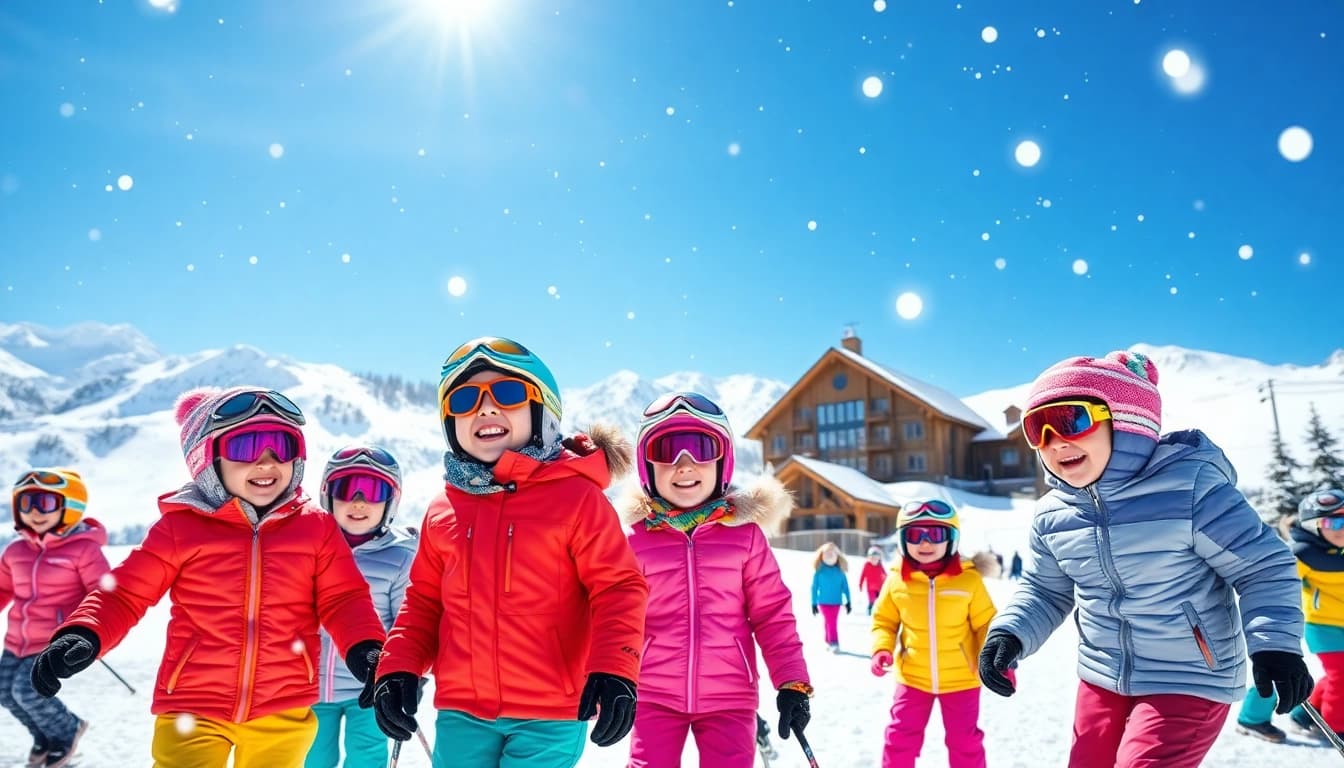 Children wearing colorful childrens ski wear happily playing in the snow, showcasing winter fun.