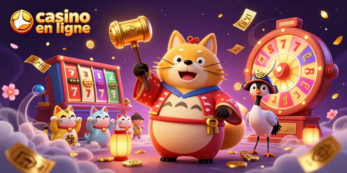 Jouez au casino en ligne avec ce tanuki chanceux, entouré de jeux de machines à sous et de billets d'or.