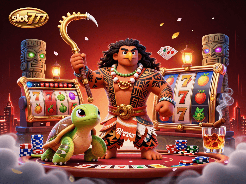 Engage with slot777 slot games featuring vibrant symbols, jackpots, and thrilling action in a captivating casino scene.