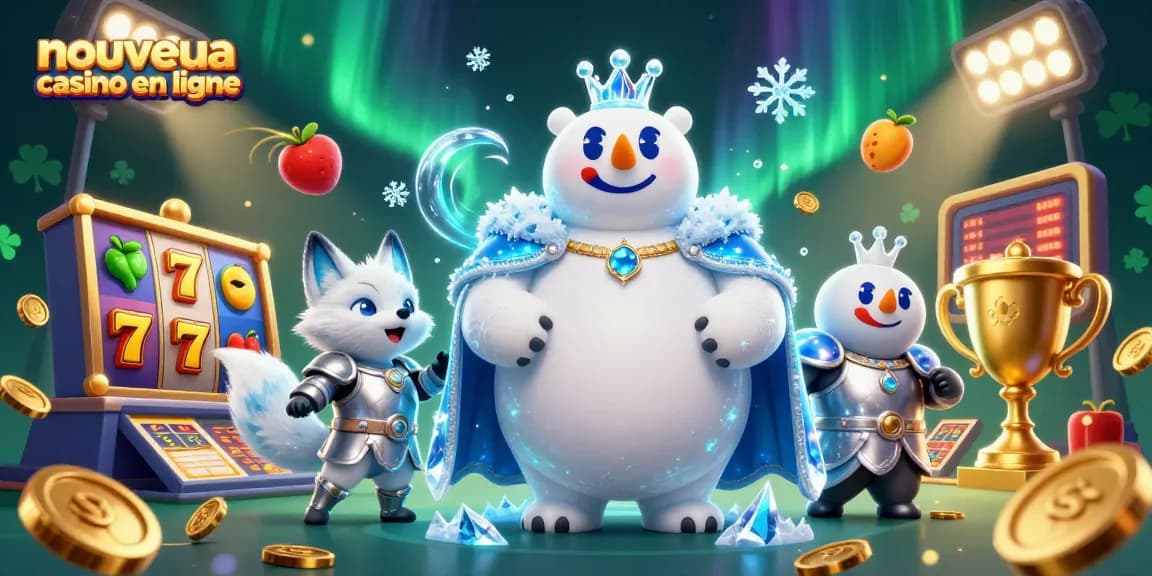 Illustration de casino en ligne avec le roi des glaces et un renard dans un décor féérique, montrant les machines à sous.