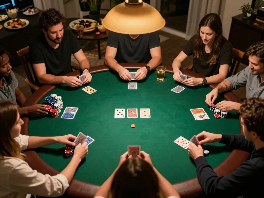 Engaging poker game at home showcasing BK8 players strategizing with cards and chips