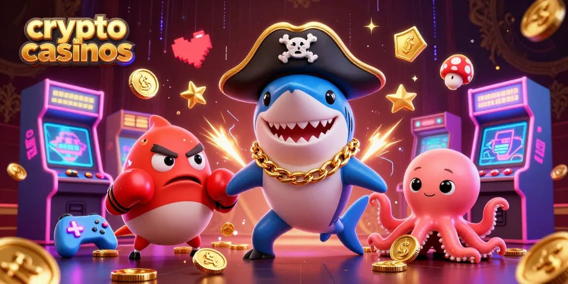Scène animée de crypto casinos avec un requin pirate 3D et un poisson-globe en garde.