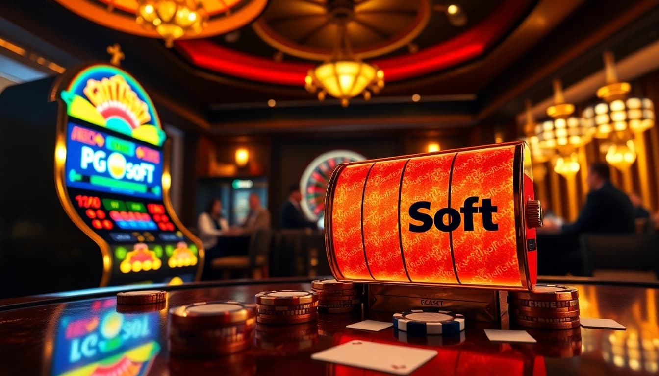 Experience the thrill of PGSoft gaming at a vibrant casino, showcasing exciting slot machines and poker action.