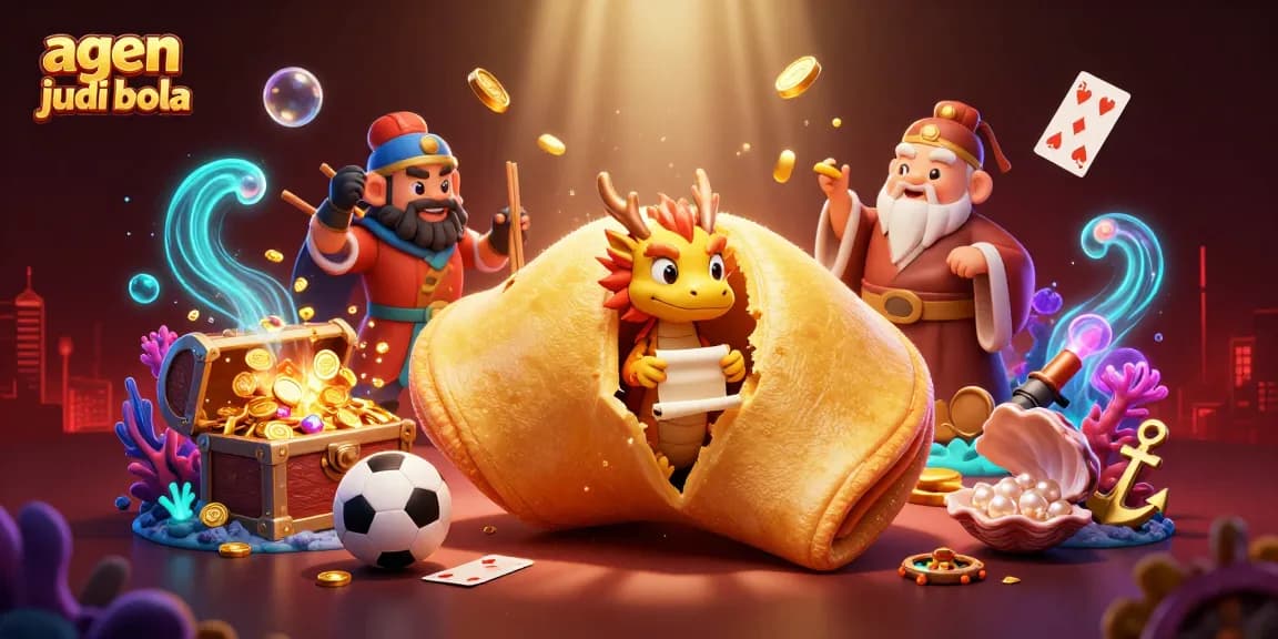 A vibrant scene of an agen judi bola showcasing a giant fortune cookie, wise dragon, and dynamic sports elements.